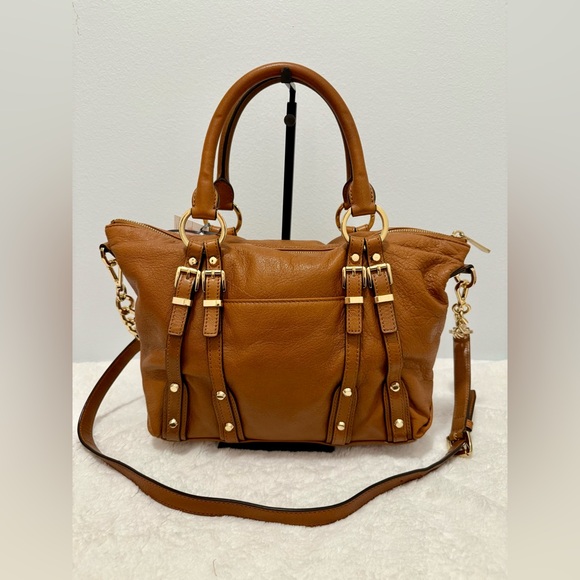 Michael Kors Medium Leigh Luggage Brown Tan Leather Satchel EUC - Picture 4 of 5